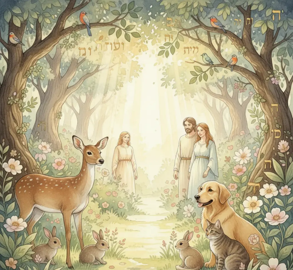 Animals in peaceful Garden of Eden representing ancient teaching that creatures could speak before the Fall
