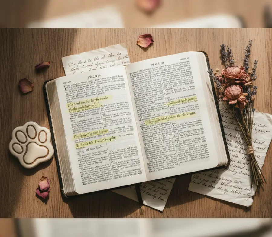 Open Bible with highlighted comfort verses and pet keepsakes