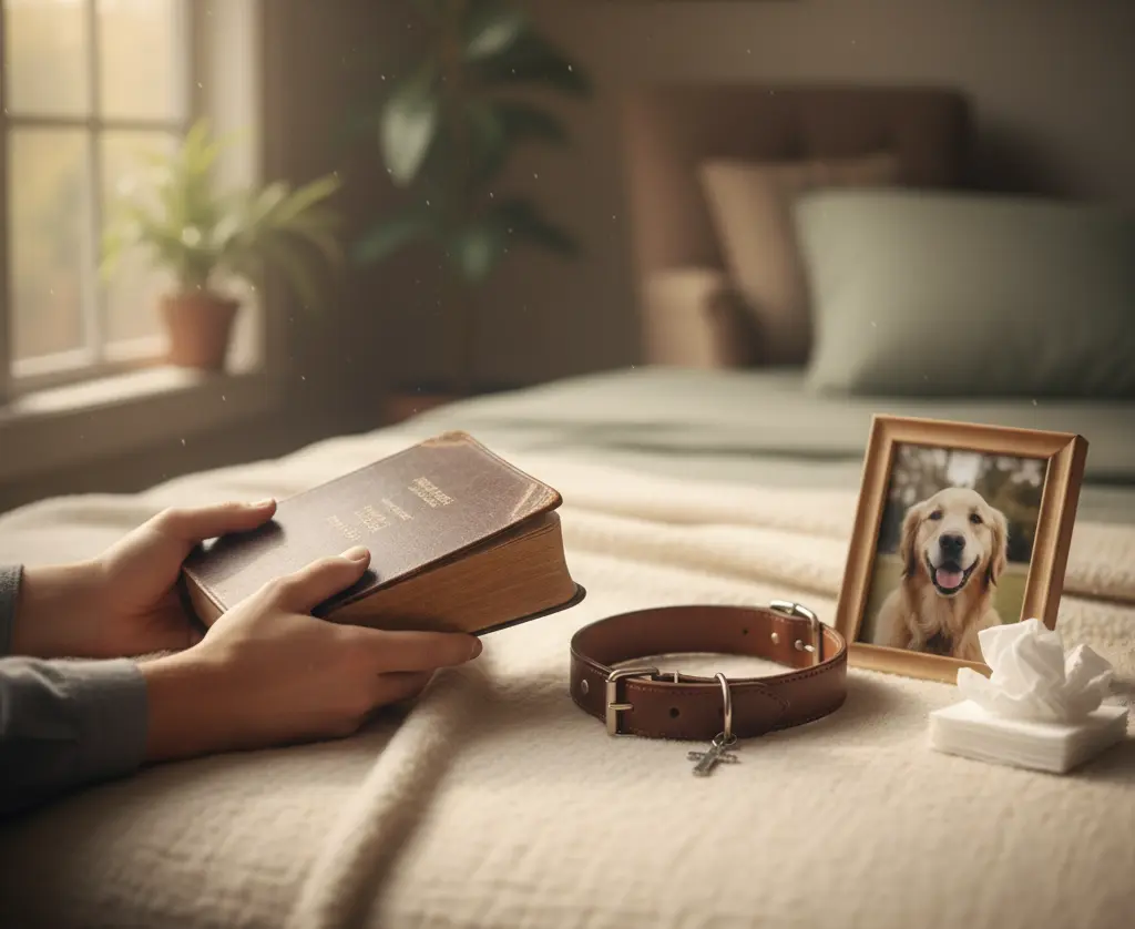 Bible with pet memorial items representing comfort during pet loss