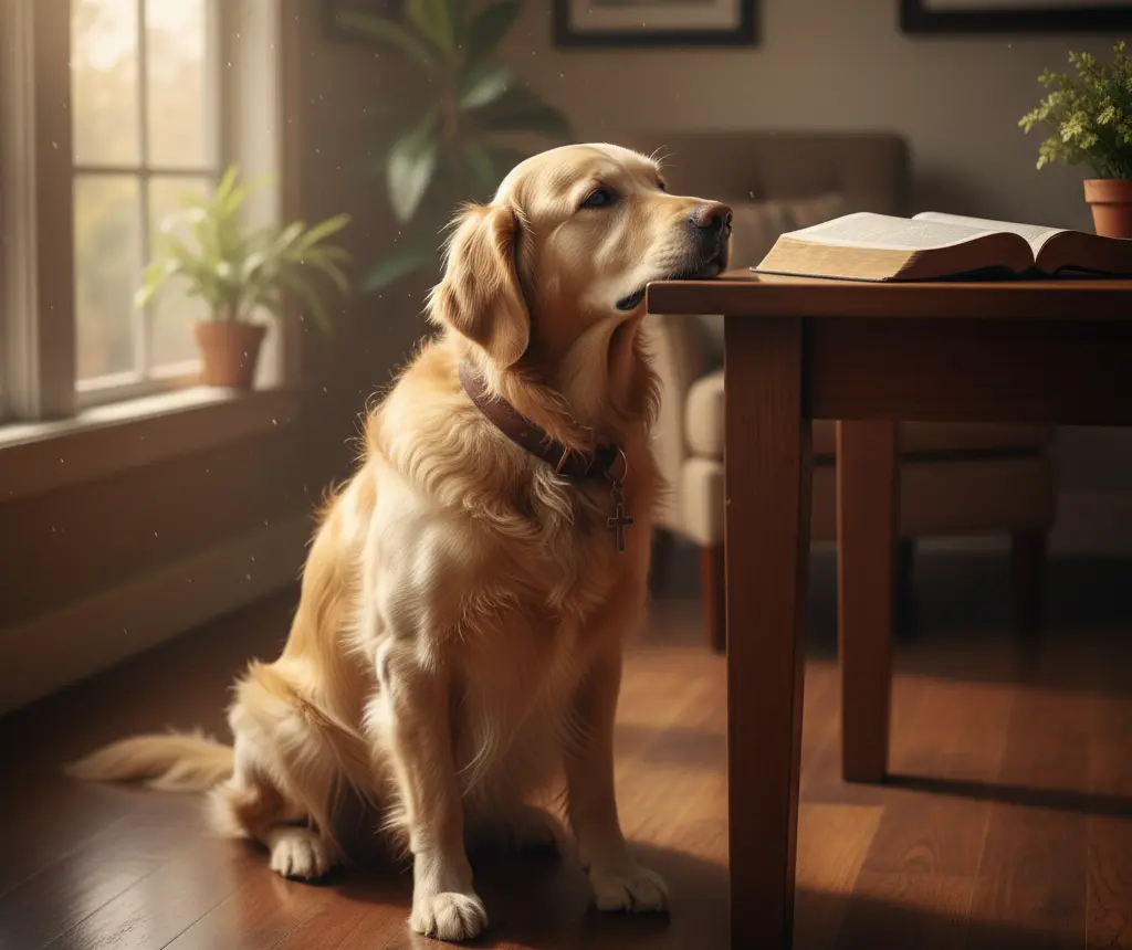 Dog beside open Bible representing biblical perspective on pets in heaven