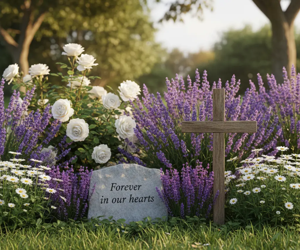 Memorial garden with flowers and stone honoring a beloved pet